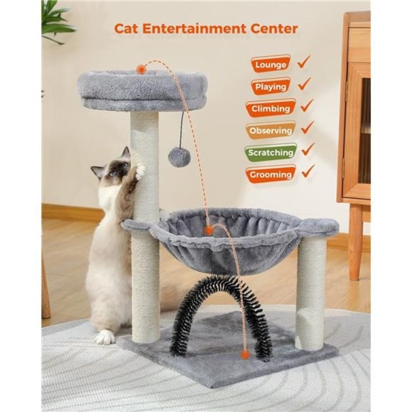 Small Cat Tree 28" Cat Tower with Metal Plush Hammock & Dangling Ball, Grey - Picture 6 of 6
